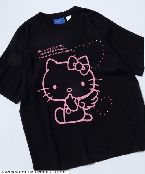 sanrio(サンリオ)の「HELLO KITTY LOVE SEQUENZ TEE/ハローキティ エンジェルプリント ハートラインストーンTシャツ/ピチT・ビッグシルエット(Tシャツ/カットソー・レディース・ブラック/ホワイト・S/M/L)」の2枚目の写真