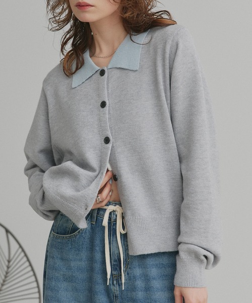 ad thie（アドティエ）の「バイカラー ポロ ニット カーディガン（ニット/セーター・レディース・ライトブルー/グレー/ブラウン・FREE）」の8枚目の写真