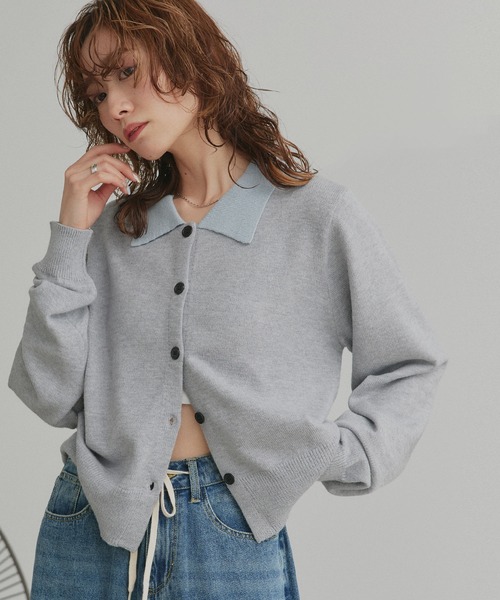 ad thie（アドティエ）の「バイカラー ポロ ニット カーディガン（ニット/セーター・レディース・ライトブルー/グレー/ブラウン・FREE）」の9枚目の写真