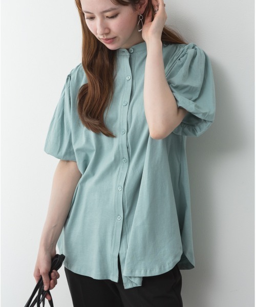 aity（アイティ）の「M-5L ブラウス風 パフスリーブ半袖Tシャツ 夏服（Tシャツ/カットソー・レディース・ミント/グレイッシュベージュ/ブラック/オフホワイト/チャコールグレー・4L～5L/LL～3L/M～Ｌ）」の5枚目の写真