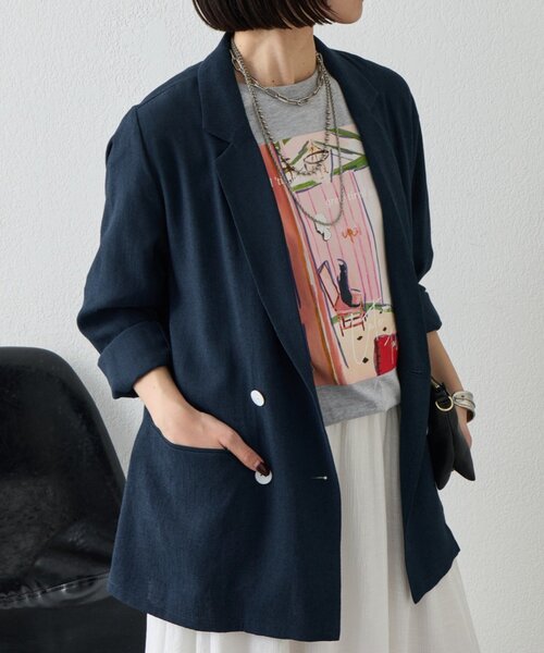 Jena espace merveilleux（ジェナ　エスパスメルヴェイユ）の「【WEB限定/軽やかに羽織れる】メッシュダブルボタンジャケット（テーラードジャケット・レディース・ネイビー/ベージュ/グレー・FREE）」の2枚目の写真