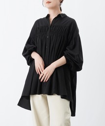 LC/LLL 衿付きデザインシャーリングチュニック/シャーリングチュニックシャツ