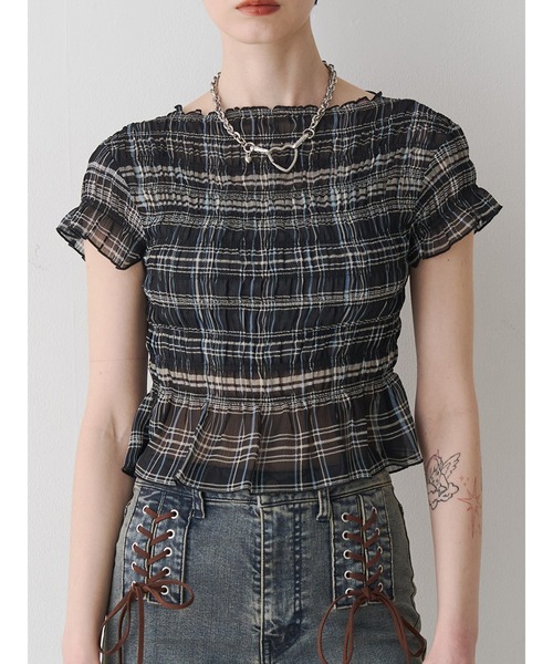 jouetie（ジュエティ）の「シャーリングシアートップス（Tシャツ/カットソー・レディース・ブラック/オフホワイト/レッド・MEDIUM）」の4枚目の写真