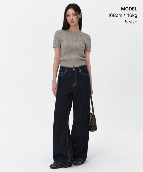 MUSINSA STANDARD WOMAN（ムシンサスタンダードウーマン）の「ウィメンズケーブルクルーネック半袖ニット[ライトウォームグレー]（ニット/セーター・レディース・その他・X-SMALL/SMALL/MEDIUM/LARGE）」の2枚目の写真