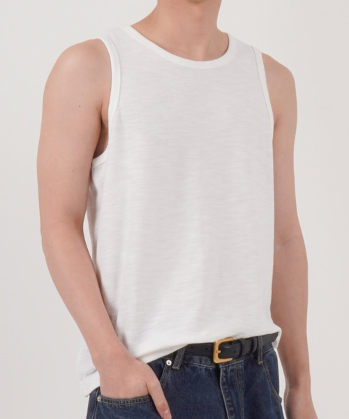BUTTON SEOUL(ボタンソウル)の「スラブレイヤースリーブレストップ(ホワイト)(Tシャツ/カットソー・メンズ・その他・MEDIUM/LARGE/X-LARGE/XX-LARGE)」の1枚目の写真