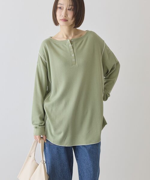 ★専用★    Americana ラウンド裾　ヘンリーネックワッフルカットソー SHIPS any:〈洗濯機可能〉ワッフル ヘンリーネック ラウンドヘム プル
