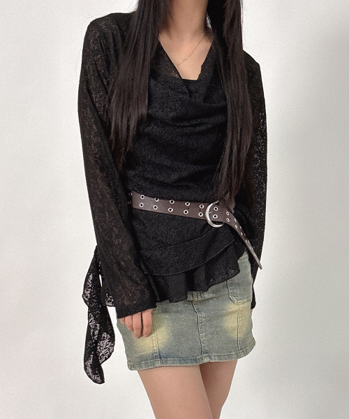 VIVID LADY(ビビッドレディー)の「レース アシンメトリー ドレープトップス(Tシャツ/カットソー・レディース・ブラック/アイボリー・FREE)」の3枚目の写真
