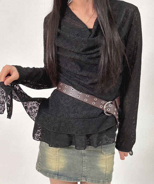 VIVID LADY(ビビッドレディー)の「レース アシンメトリー ドレープトップス(Tシャツ/カットソー・レディース・ブラック/アイボリー・FREE)」の6枚目の写真