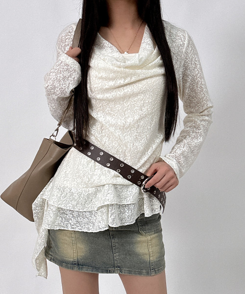 VIVID LADY(ビビッドレディー)の「レース アシンメトリー ドレープトップス(Tシャツ/カットソー・レディース・ブラック/アイボリー・FREE)」の14枚目の写真