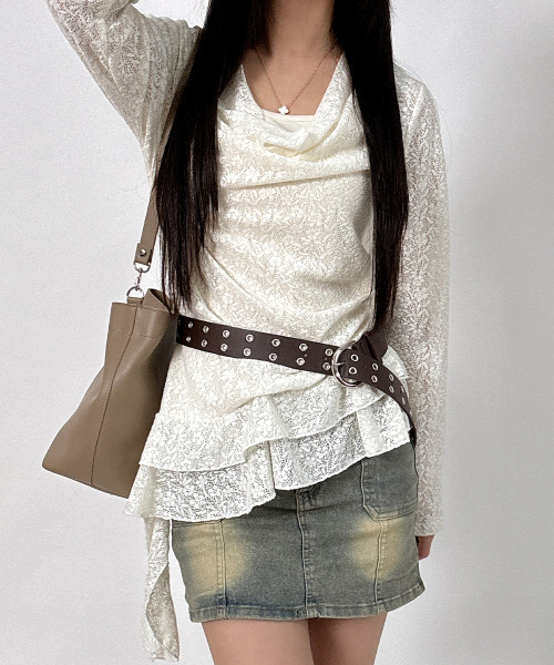 VIVID LADY(ビビッドレディー)の「レース アシンメトリー ドレープトップス(Tシャツ/カットソー・レディース・ブラック/アイボリー・FREE)」の16枚目の写真
