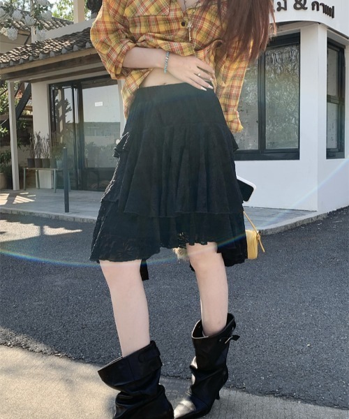 Aelina（エリナ）の「レースイレギュラーAラインスカート（スカート・レディース・ブラック/ホワイト・M/L/S）」の14枚目の写真