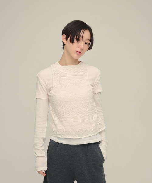 eL(エル)の「【eL】Lace American Sleeve Tank Top/643996(タンクトップ・レディース・ブラック/オフホワイト・FREE)」の2枚目の写真