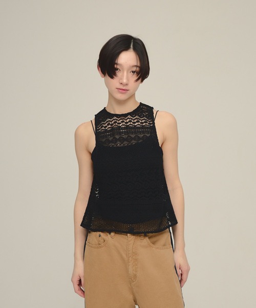 eL(エル)の「【eL】Lace American Sleeve Tank Top/643996(タンクトップ・レディース・ブラック/オフホワイト・FREE)」の1枚目の写真