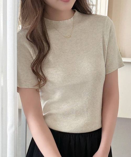 DAY CLOSET(デイ クローゼット)の「【ストレッチ有】着るだけ細見えリブ。半袖 サマー ニット ハイネック トップス レディース(Tシャツ/カットソー・レディース・ブラック/ホワイト×ブラック/チャコールグレー/アイボリー・FREE)」の5枚目の写真