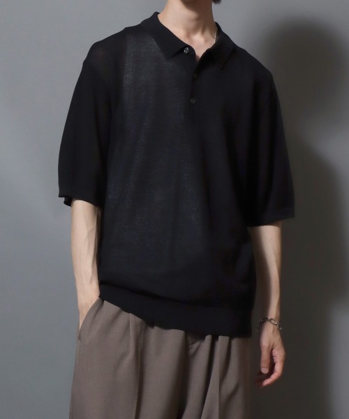 ANPAS(アンパス)の「Cooling Pique Texture Knit Polo Shirt / 14G 接触冷感 鹿の子編み ルーズシルエット サマーニットポロシャツ メンズ 半袖 ビッグシルエット オーバーサイズ 無地 シンプル(ポロシャツ・メンズ・ブラック/チャコールグレー/グレイッシュベージュ・M/L)」の10枚目の写真