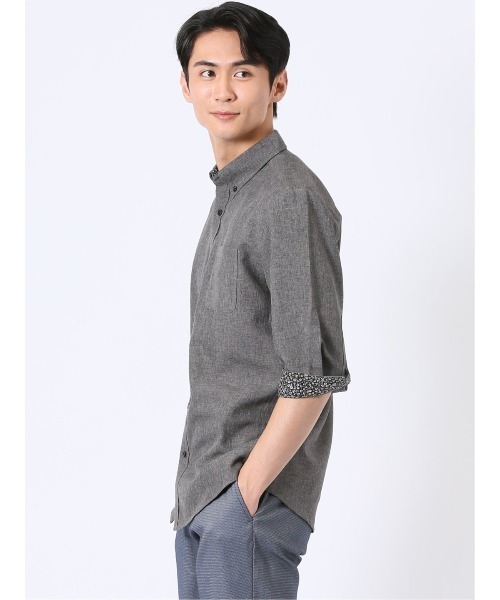 m.f.editorial(エムエフエディトリアル)の「シャツ メンズ 7分袖 麻調 無地 軽量 ドライタッチ ボタンダウン (シャツ/ブラウス・メンズ・ベージュ/オリーブ/グレー・MEDIUM/LARGE/X-LARGE)」の5枚目の写真