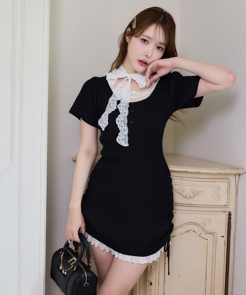 one after another NICE CLAUP(ワンアフターアナザーナイスクラップ)の「【Lace Collection】レースミニニットワンピース(ワンピース・レディース・ブラック/ホワイト/ピンク・FREE)」の6枚目の写真