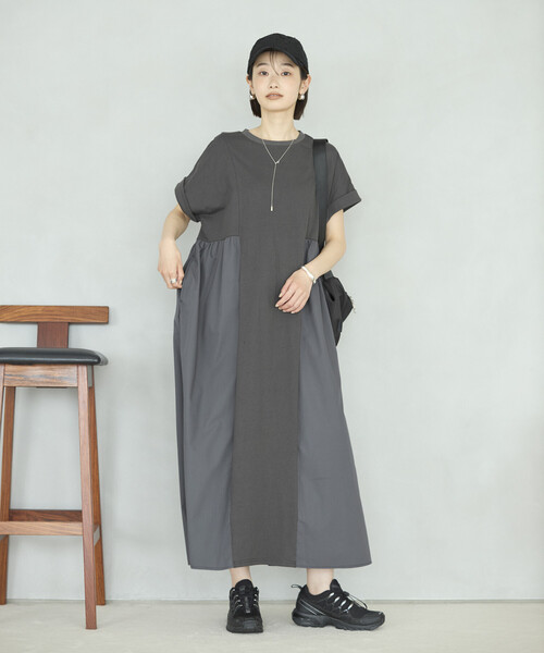 Firsthand（ファーストハンド）の「Firsthand/ファーストハンド オーガニックコットン 異素材 ドッキング ギャザー ワンピース（ワンピース・レディース・ブラック/チャコールグレー/ピンク・FREE）」の16枚目の写真