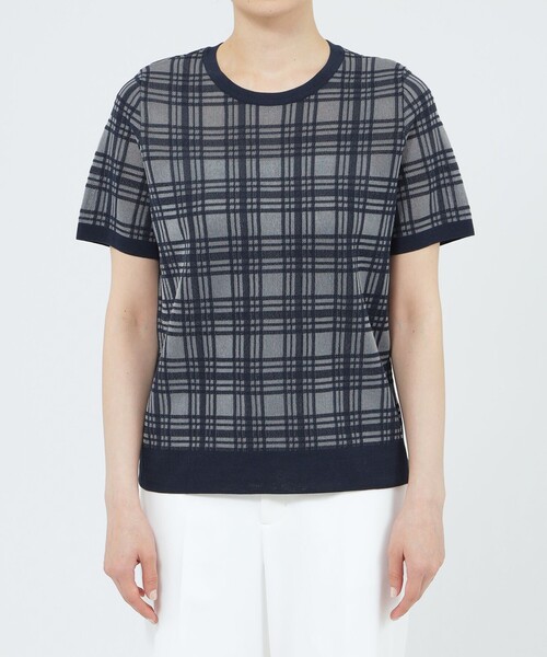 Paul Stuart（ポールスチュアート）の「【WEB・一部店舗限定/ウォッシャブル】チェックジャカード　プルオーバー（Tシャツ/カットソー・レディース・ネイビー/ホワイト・6）」の5枚目の写真