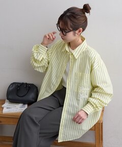セール】オーバーサイズ フィット ストライプド リネンコットン シャツ