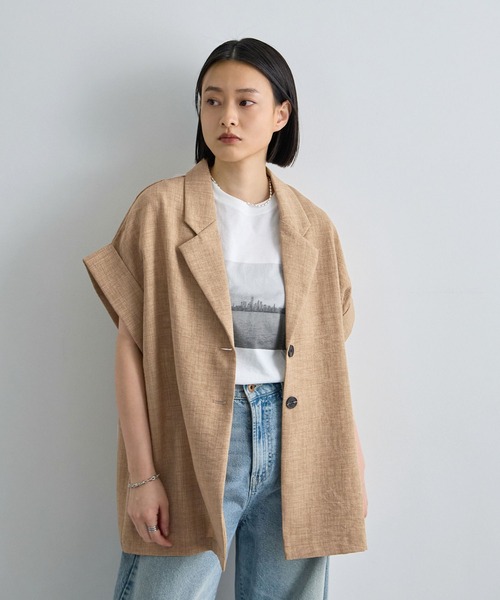 Futier land（フューティアランド）の「軽やかにきちんと見え。リネンブレンド半袖ジャケット / サマージャケット（テーラードジャケット・レディース・ベージュ/チャコールグレー/ライトベージュ・FREE）」の9枚目の写真