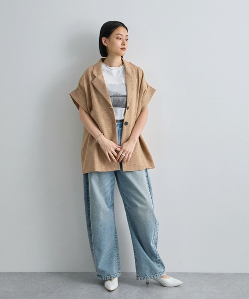 Futier land（フューティアランド）の「軽やかにきちんと見え。リネンブレンド半袖ジャケット / サマージャケット（テーラードジャケット・レディース・ベージュ/チャコールグレー/ライトベージュ・FREE）」の12枚目の写真