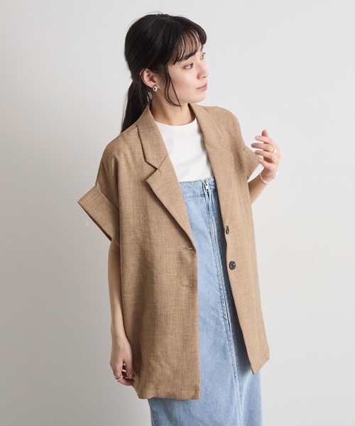 Futier land（フューティアランド）の「軽やかにきちんと見え。リネンブレンド半袖ジャケット / サマージャケット（テーラードジャケット・レディース・ベージュ/チャコールグレー/ライトベージュ・FREE）」の4枚目の写真