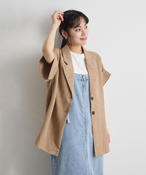 Futier land（フューティアランド）の「軽やかにきちんと見え。リネンブレンド半袖ジャケット / サマージャケット（テーラードジャケット・レディース・ベージュ/チャコールグレー/ライトベージュ・FREE）」の5枚目の写真