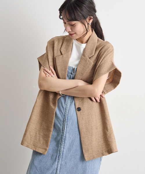 Futier land（フューティアランド）の「軽やかにきちんと見え。リネンブレンド半袖ジャケット / サマージャケット（テーラードジャケット・レディース・ベージュ/チャコールグレー/ライトベージュ・FREE）」の6枚目の写真