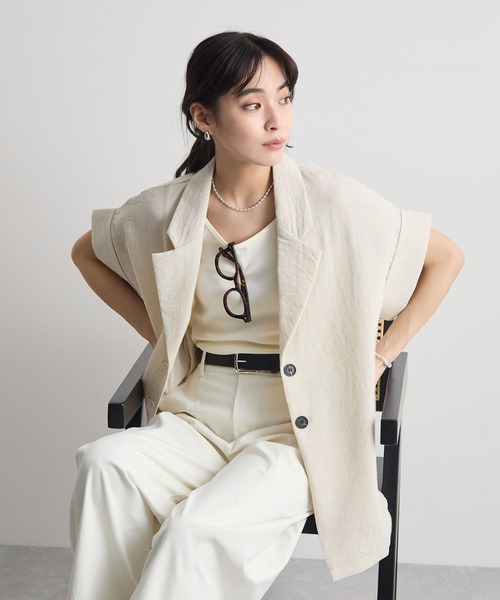 Futier land（フューティアランド）の「軽やかにきちんと見え。リネンブレンド半袖ジャケット / サマージャケット（テーラードジャケット・レディース・ベージュ/チャコールグレー/ライトベージュ・FREE）」の15枚目の写真