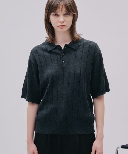 SELLE GLANT(セレグランテ)の「MELANGE WIDE RIB SUMMER KNIT POLO / メランジワイドリブサマーニットポロ(ポロシャツ・メンズ・ブラック/ダークブラウン/ブルー・MEDIUM/LARGE/SMALL)」の2枚目の写真
