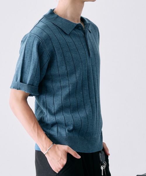 SELLE GLANT(セレグランテ)の「MELANGE WIDE RIB SUMMER KNIT POLO / メランジワイドリブサマーニットポロ(ポロシャツ・メンズ・ブラック/ダークブラウン/ブルー・MEDIUM/LARGE/SMALL)」の4枚目の写真