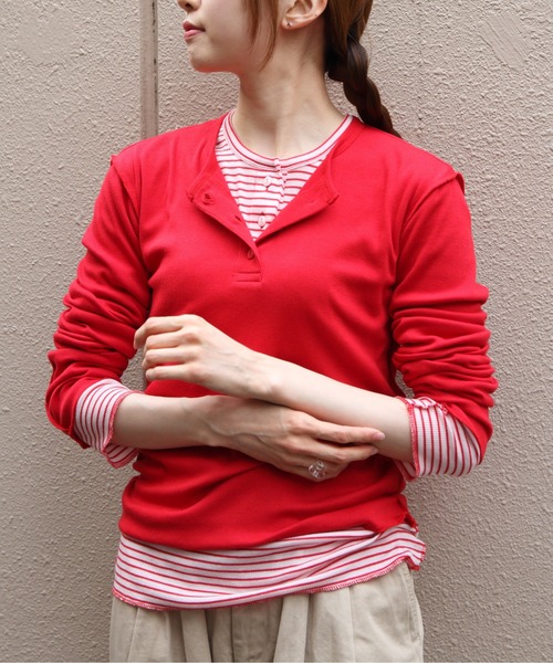 MEYAME(メヤメ)の「MEYAME/メヤメ ソフトリブヘンリーネック SOFT RIB HENRY NECK MEY-2502(Tシャツ/カットソー・レディース・レッド/ブラック/クリーム・FREE)」の3枚目の写真