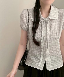 リボン付チェックレースブラウス