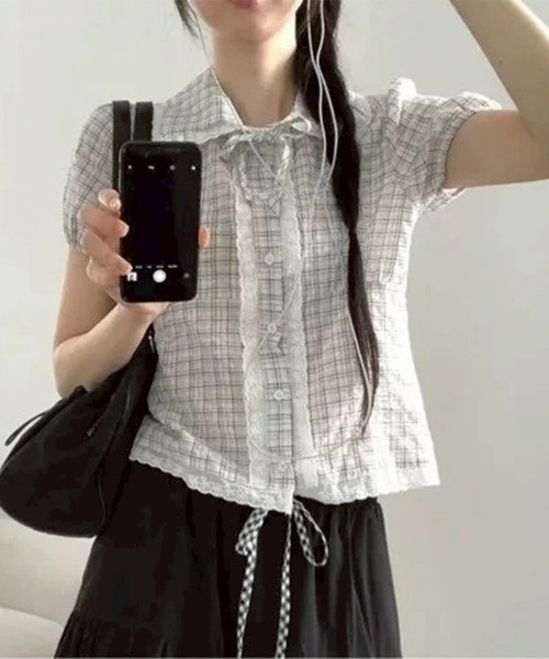 leune(ルネ)の「リボン付チェックレースブラウス(シャツ/ブラウス・レディース・ネイビー/オフホワイト・FREE)」の10枚目の写真