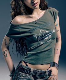 【NOMANUAL×TRUE RELIGION】NO RELIGION ONE SHOULDER TOP / 【ノーマニュアル×トゥルーレリジョン】ノーレリジョングラフィックプリントワンショルダー半袖Tシャツ
