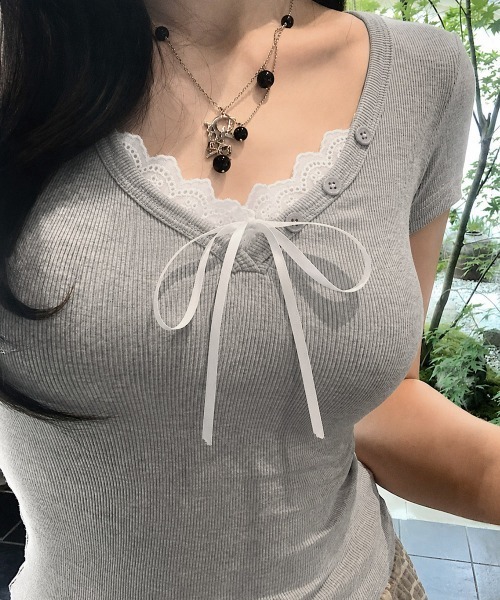 Miniministore（ミニミニストア）の「レースレイヤードテレコTシャツ着やせ夏服（Tシャツ/カットソー・レディース・ホワイト/グレー・FREE）」の21枚目の写真