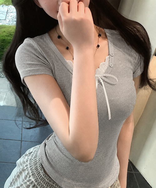 Miniministore（ミニミニストア）の「レースレイヤードテレコTシャツ着やせ夏服（Tシャツ/カットソー・レディース・ホワイト/グレー・FREE）」の18枚目の写真