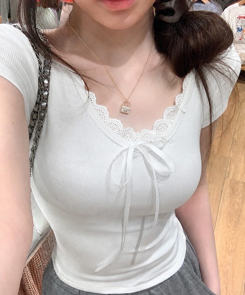 Miniministore（ミニミニストア）の「レースレイヤードテレコTシャツ着やせ夏服（Tシャツ/カットソー・レディース・ホワイト/グレー・FREE）」の17枚目の写真