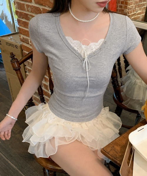 Miniministore（ミニミニストア）の「レースレイヤードテレコTシャツ着やせ夏服（Tシャツ/カットソー・レディース・ホワイト/グレー・FREE）」の13枚目の写真