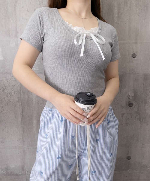 Miniministore（ミニミニストア）の「レースレイヤードテレコTシャツ着やせ夏服（Tシャツ/カットソー・レディース・ホワイト/グレー・FREE）」の9枚目の写真