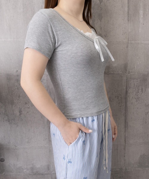 Miniministore（ミニミニストア）の「レースレイヤードテレコTシャツ着やせ夏服（Tシャツ/カットソー・レディース・ホワイト/グレー・FREE）」の8枚目の写真