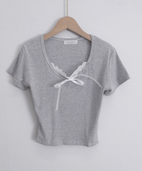 Miniministore（ミニミニストア）の「レースレイヤードテレコTシャツ着やせ夏服（Tシャツ/カットソー・レディース・ホワイト/グレー・FREE）」の6枚目の写真