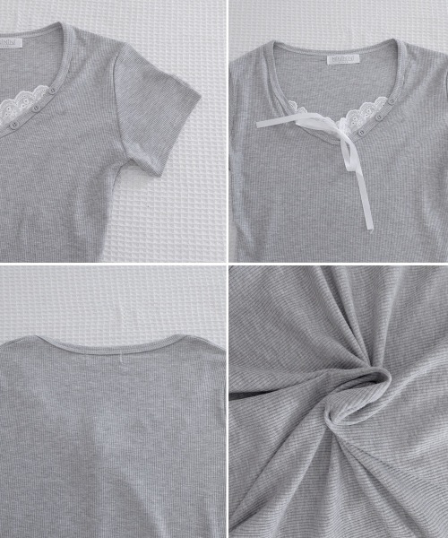 Miniministore（ミニミニストア）の「レースレイヤードテレコTシャツ着やせ夏服（Tシャツ/カットソー・レディース・ホワイト/グレー・FREE）」の4枚目の写真