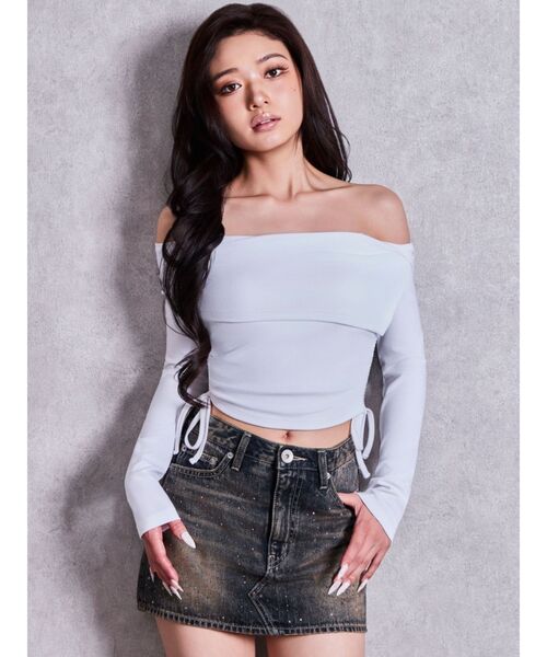 GYDA(ジェイダ)の「サイドギャザーオフショルトップス(Tシャツ/カットソー・レディース・ブラック/グレー/オフホワイト・FREE)」の5枚目の写真