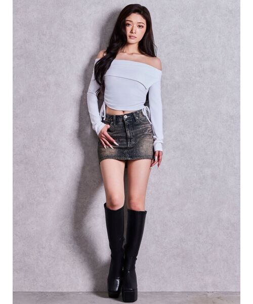 GYDA(ジェイダ)の「サイドギャザーオフショルトップス(Tシャツ/カットソー・レディース・ブラック/グレー/オフホワイト・FREE)」の7枚目の写真