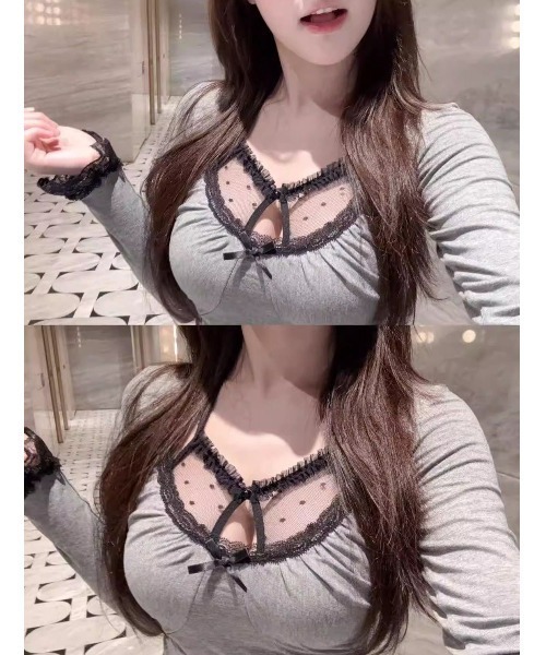 ViViDAY(ビビデー)の「レースレイヤード風ホルターネックギャザー長袖トップス(Tシャツ/カットソー・レディース・グレー・M)」の6枚目の写真