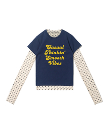 ドットシースルーロングスリーブレイヤードカジュアル半袖Tシャツセット（アイボリー/ネイビー）
