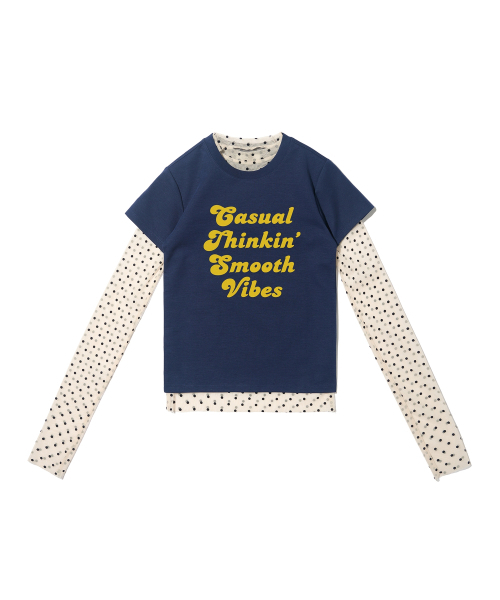 CARGOBROS FOR WOMAN(カーゴブロスフォーウィメン)の「ドットシースルーロングスリーブレイヤードカジュアル半袖Tシャツセット(アイボリー/ネイビー)(Tシャツ/カットソー・レディース・その他・FREE)」の1枚目の写真