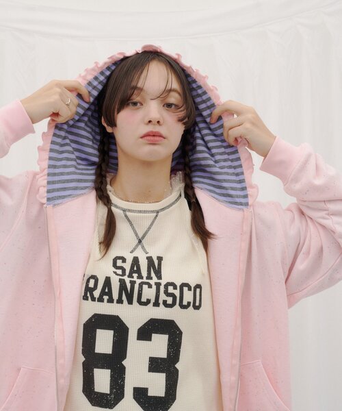 HELLO.SANFRANCISCO（ハローサンフランシスコ）の「【HELLO.SANFRANCISCO】ワッフルロゴチュールフーディチュニック（Tシャツ/カットソー・レディース・ピンク/ホワイト・ONE SIZE）」の11枚目の写真